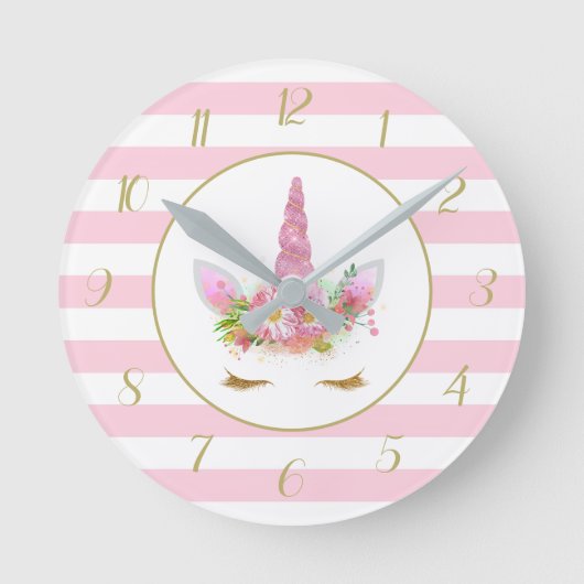 Horloge Ronde Visage de licorne rayé rose mignon (Recto)