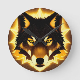 Horloge Ronde Visage de Loup Radieux Illuminé par une Lumière Do