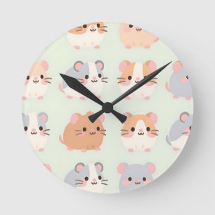 Horloge Ronde Visages de hamster mignons motif pastel kawaii