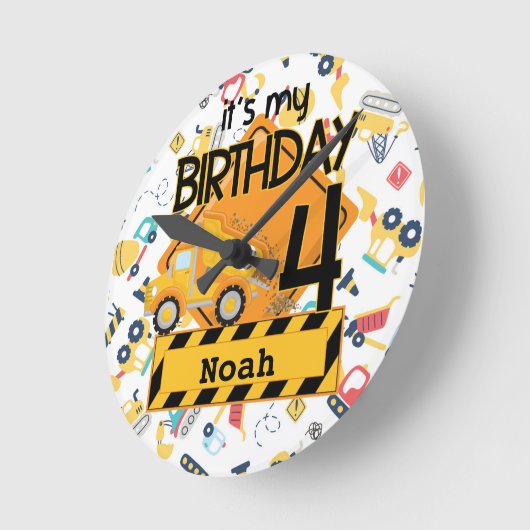 Horloge Ronde voiture camion de construction jaune 4e anniversai (Angle)