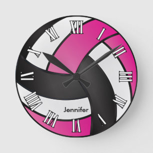 Horloge Ronde Volleyball Rose chaud, noir et blanc