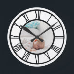 Horloge Ronde Votre photo Numéros romains personnalisés<br><div class="desc">Votre photo Numéros romains personnalisés horloge murale de Ricaso</div>