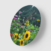 Horloge Ronde Vue jardin- tournesol, marguerites, cosmos (Angle)