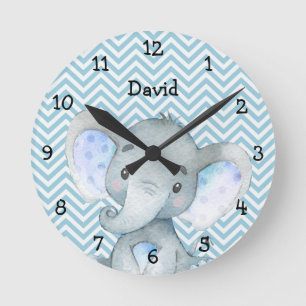 Horloge Ronde Watercolor Baby Elephant Jungle Boy Nursery