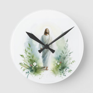 Horloge Ronde Watercolor Jesus Christ with Botanical Elements –