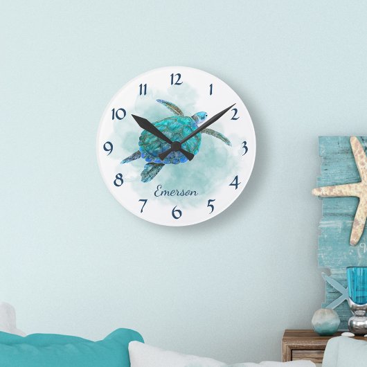Horloge Ronde Watercolor Sea Turtle Ocean Beach Nom