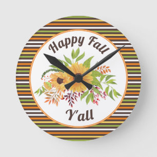 Horloge Ronde Watercolor sunflowers and stripes Happy fall Y'all