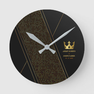 Horloge Ronde Wedding Luxury black golden geometric pattern