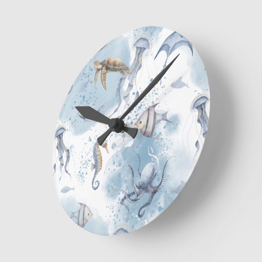 Horloge Ronde Whimsical Underwater World – Sea Creatures Pattern (Angle)