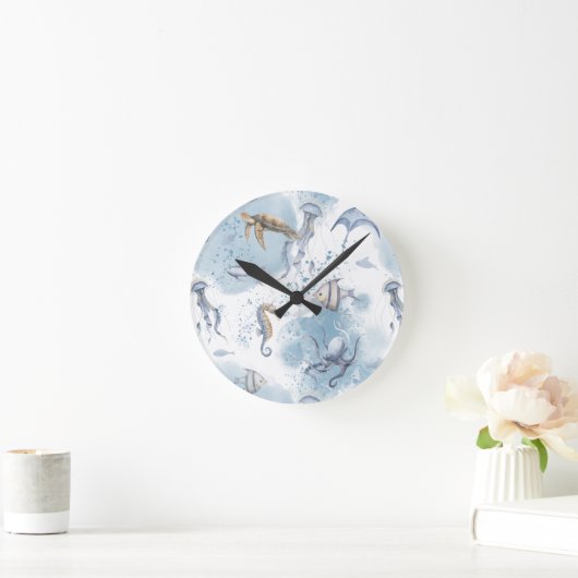 Horloge Ronde Whimsical Underwater World – Sea Creatures Pattern (Maison)