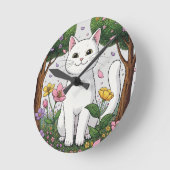 Horloge Ronde White Cat in a Colorful Garden (Angle)
