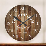 Horloge Ronde Wood Custom Family<br><div class="desc">The brown wooden farm house wall clock is perfect for your country farmhouse kitchen or living room. Customize with your family name and established year for a unique and personalized birthday ou Christmas vend.</div>