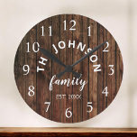 Horloge Ronde Wood Custom Family<br><div class="desc">The brown wooden farm house wall clock is perfect pour your country farmhouse kitchen. Customize with your family name and established year for a unique and personalized birthday ou Christmas vend.</div>