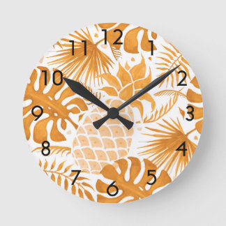 Horloge Ronde Yellow tropcal pineapple golden white botanical