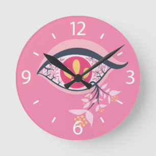 Horloge Ronde Yeux Kaléidoscopiques Fleuris Rose Surrealiste Psy