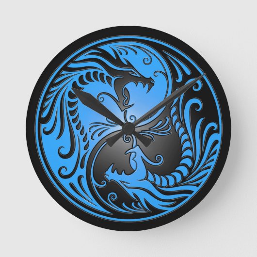 Horloge Ronde Yin Yang Dragons, bleu et noir (Recto)