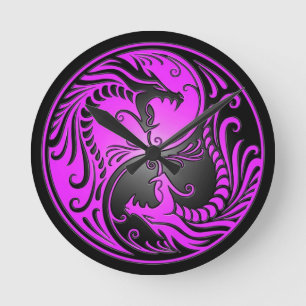 Horloge Ronde Yin Yang Dragons, purple and black