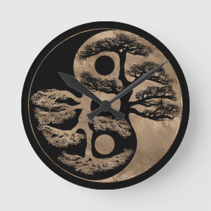 Horloge Ronde Yin Yang Tree noir et or