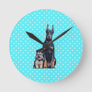Horloge Ronde Yorkshire Terrier Doberman Pois bleus