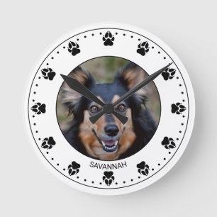 Horloge Ronde Your Pet's Photo With Paw Clock Face & nom