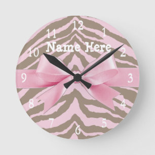 Horloge Ronde Zèbre rose clair et Brown avec bow ruban