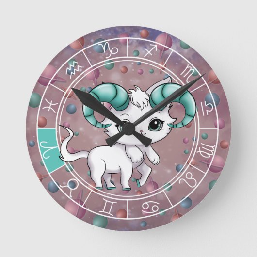 Horloge Ronde Zodiac Aries Cute Chat Roue Planète Astrologie (Recto)