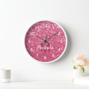 Horloge Rose faux éclats scintillants Monogramme rose clai