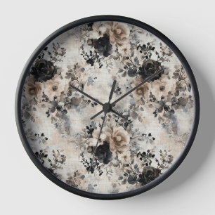 Horloge Roses aquarelles vintage en beige, noir, crème