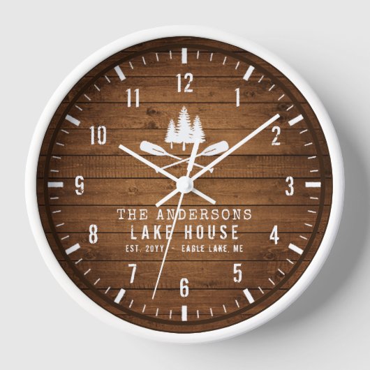 Horloge Rustic Lake House Bateau Arbres Bois Imprimer (Recto)