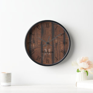 Horloge Rustique brun foncé vieux bois Monogramme chiffres