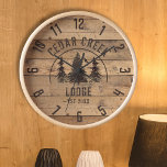 Horloge Rustique Pays Bois Arbres Personnalisés<br><div class="desc">Horloge personnalisée rustique avec un design patiné brun en planches de bois avec un paysage pittoresque d'arbres forestiers et votre texte personnalisé (nom de famille, cabine de vacances ou nom de propriété de location) et la date de l'année établie si désiré. ASSISTANCE : Pour obtenir de l'aide sur la modification...</div>