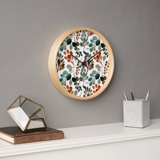 Horloge Sage vert brun feuilles sarcelle automne (Bureau)
