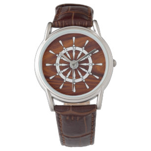 Horloge - Scheepswiel op hout (v.2)