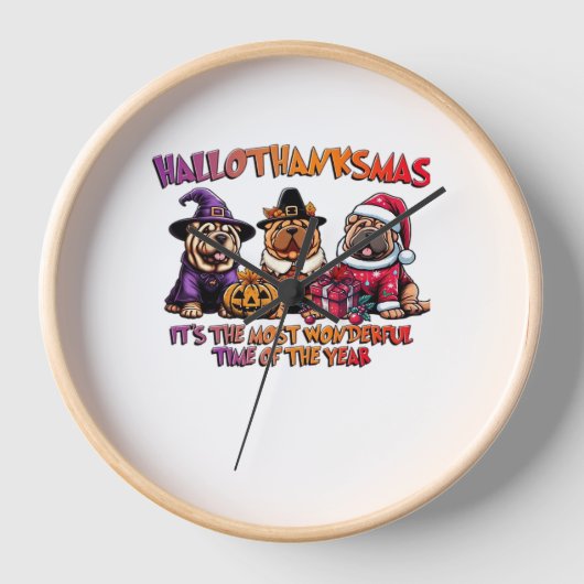 Horloge Shar Pei Halloween Thanksgiving Noël classique (Recto)