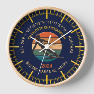 Horloge Ski Big Sky, Montana - Femme skieuse, Texte jaune