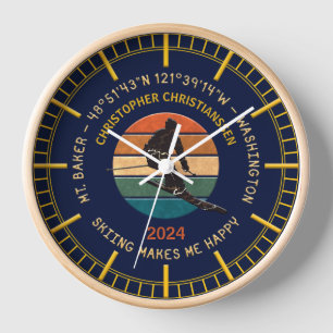 Horloge Ski Mt. Baker, Washington - Man Skier, Texte Jaune