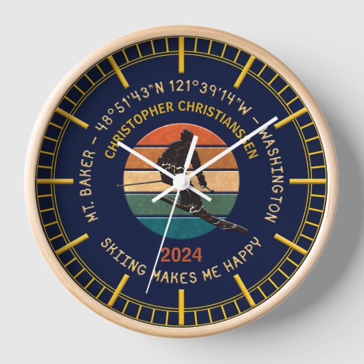 Horloge Ski Mt. Baker, Washington - Man Skier, Texte Jaune (Recto)
