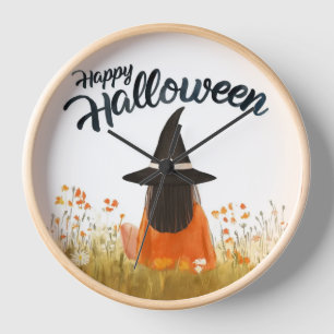 Horloge Sorcière d'Halloween dans un champ de fleurs
