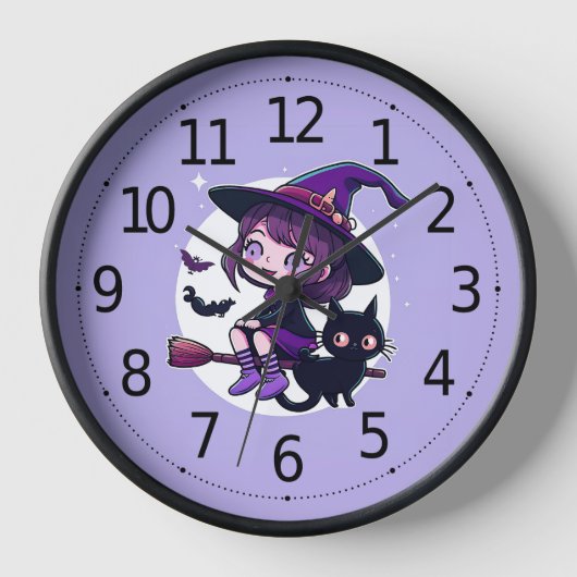 Horloge Sorcière mignonne avec une chambre Chat Noir Chat  (Recto)