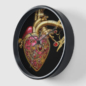 Horloge Steampunk Coeur Anatomique rubis et engrenages (Angle)