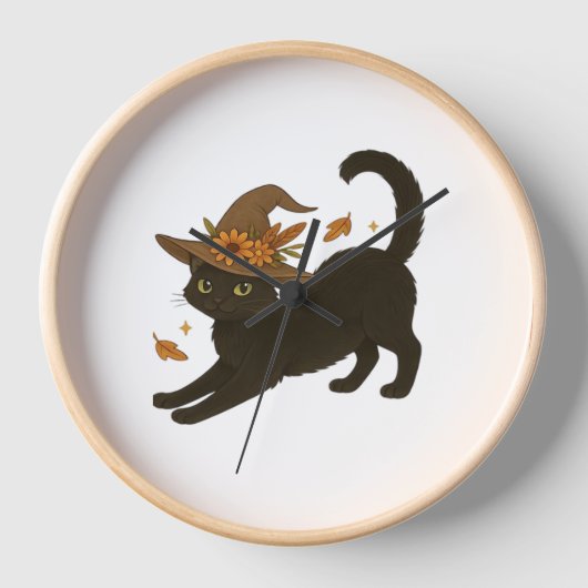 Horloge Stretting Chat Noir - Witchy Automne Classique T-S (Recto)