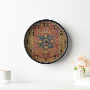 Horloge Tapis persan asiatique Kashan en or rouge