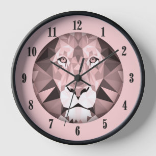 Horloge Tête de lion géométrique rose chiffres noirs