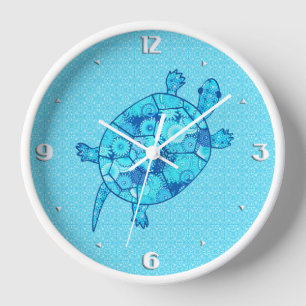 Horloge Tortue tourbée fractale - cobalt et bleu turquoise