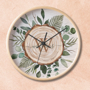 Horloge Tranche de bois rustique et feuillage à aquarelle 