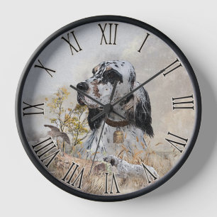 Horloge Tri Couleur Anglais Setter Art, chasse en bois