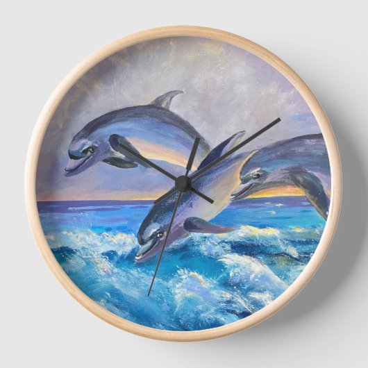 Horloge Trois dauphins sauvages jouant en eau Turquoise (Recto)