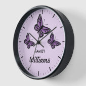 Horloge Trois Papillons Violets Avec Nom De Famille (Angle)