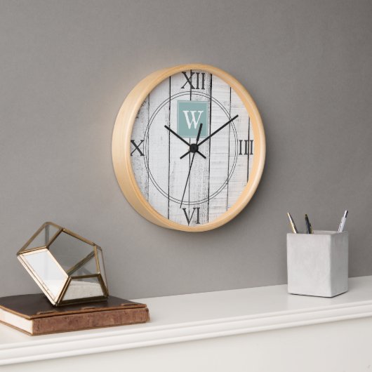 Horloge turquoise de monogramme rustique (Bureau)
