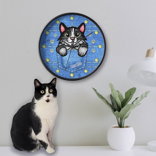 Horloge Tuxedo Chat à Faux Denim Poche avec nom personnali